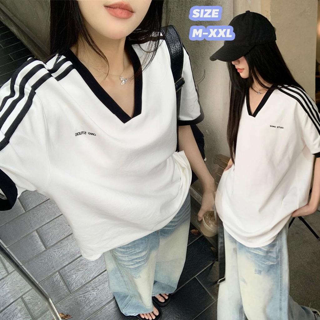 mimi&didi#เสื้อยืดแขนสั้นลายทาง คอวีสีตัดกัน ฤดูร้อน แฟชั่น เสื้อยืดสไตล์เกาหลีหลวมด้านบน เหมาะสำหรับสาวอ้วนด้วย#2654