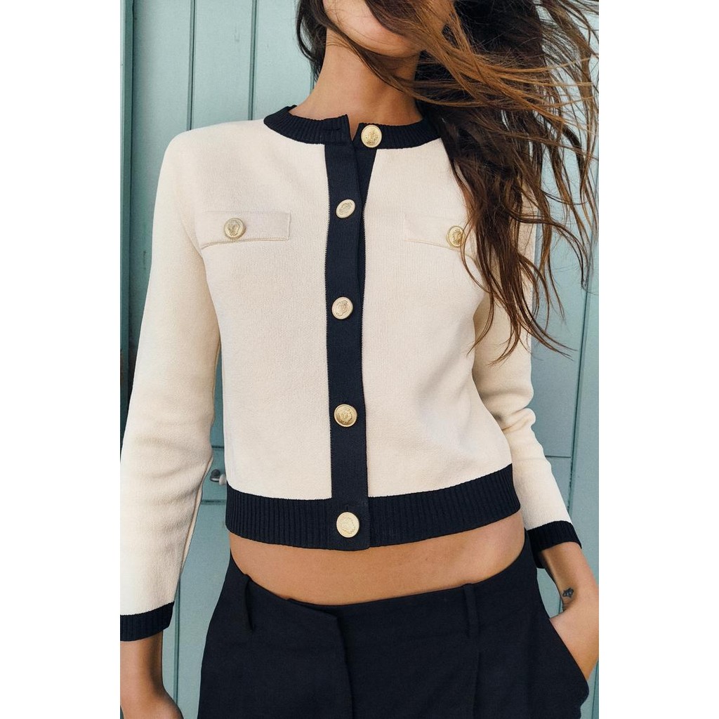 ซาโอลิน ฤดูใบไม้ร่วงใหม่เสื้อผ้าสตรีตัดกันเสื้อกันหนาวคาร์ดิแกนแขนยาวคอลูกเรือถัก 1822106 - รูปที่ 2