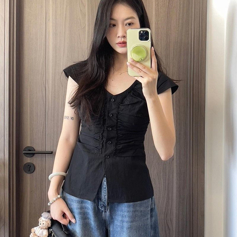 ข เสื้อเบลาส์แขนสั้นสีดําผู้หญิงสไตล์ฝรั่งเศสคอวีจับจีบเอว