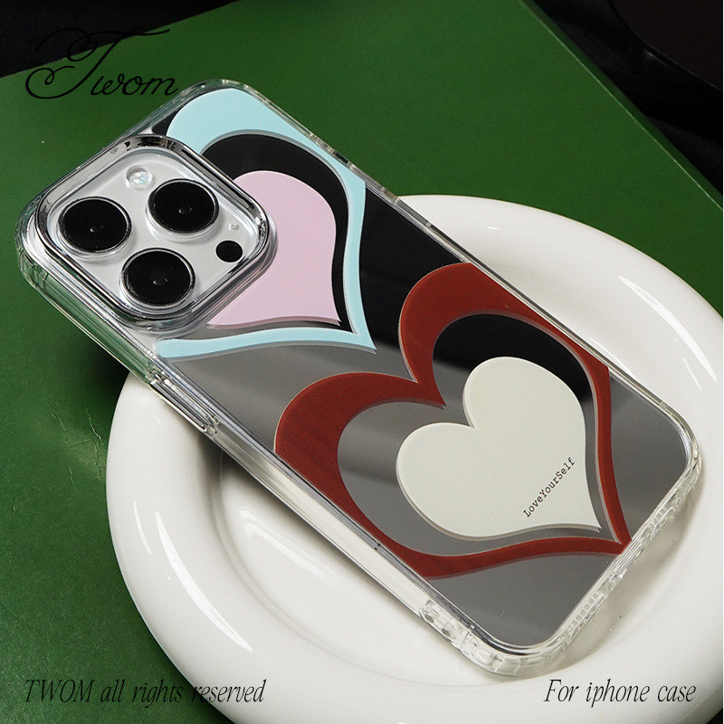 Ins สีสัน Double Loving Heart แต่งหน้ากระจกนุ่มกรณี Anti-Fall เคสโทรศัพท์สําหรับ iPhone 16 Promax 15 Promax 12 13 Mini 14plus 11 Pro Max X XS XR XS Max 7 8 plus Se2020