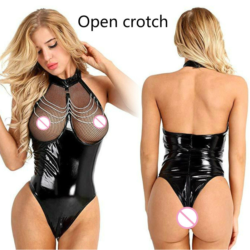 YErotic Sexy Crotchless Latex Catsuit  Fishnet Clothing  Open Crotch Jumpsuit  Patent Leather Breast