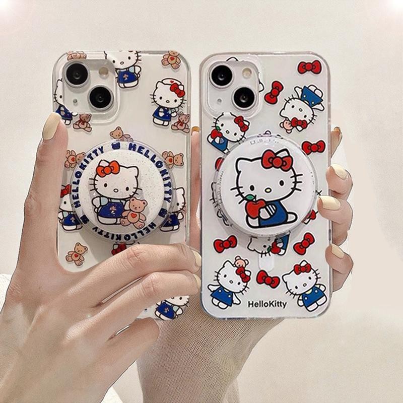 SANRIO การ์ตูนน่ารักsanrio Hello Kittyหมีผู้ถือแม่เหล็กสําหรับiPhone 11 12 13 14 15 Pro MAX Plus 12 13 Mini 8 7 Plus X XR XS MAXปลอกTPUใสกันกระแทก