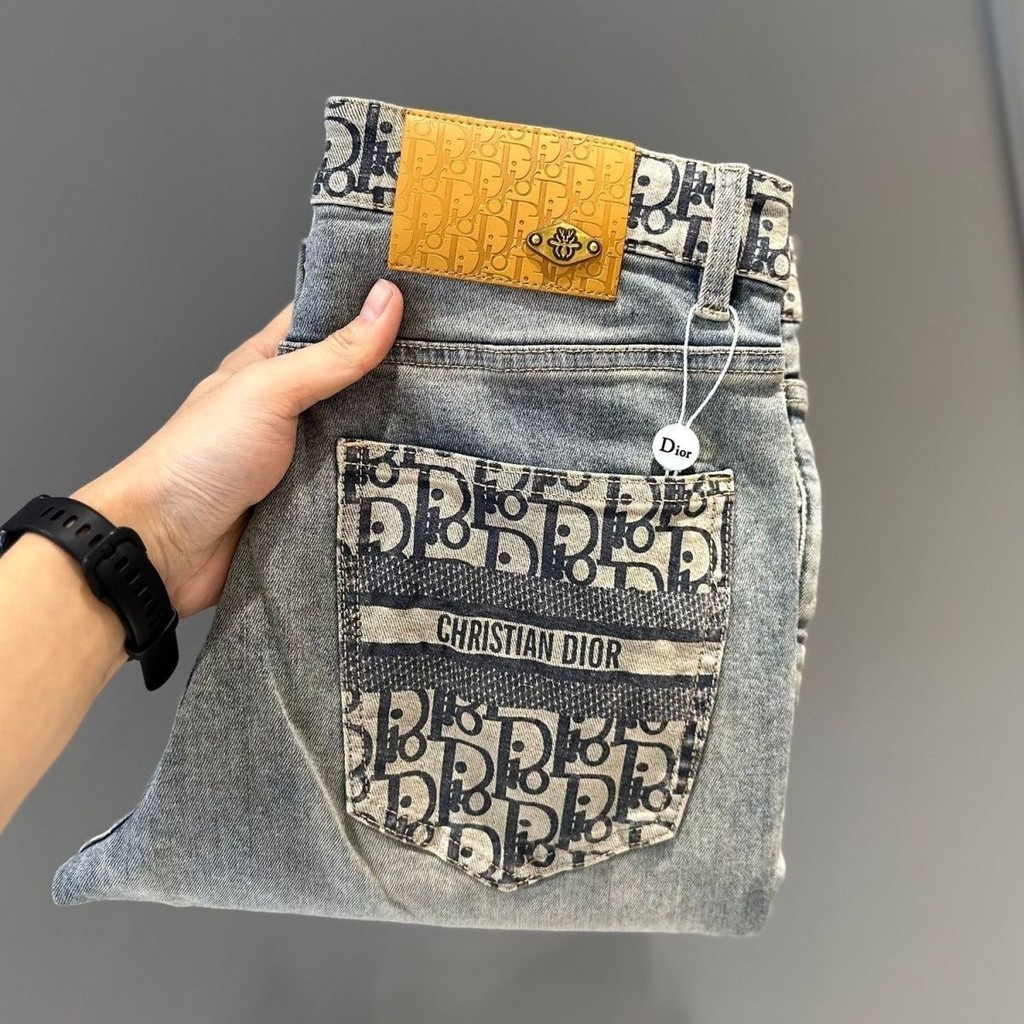 Dior Jeans High-End Street Wear Casual Jeans LV Jeans Men กางเกงปักอินเทรนด์