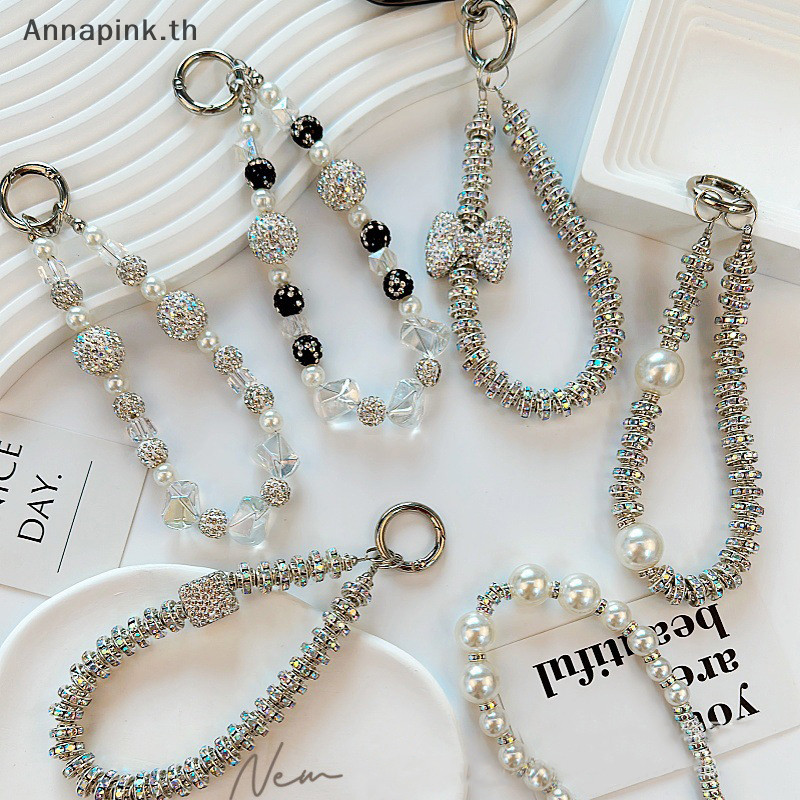 Annapink.th โทรศัพท์มือถือ Lanyard ข้อมือสไตล์สั้นแบกโซ่น้ําเพชร Ball หรูหราประดับด้วยลูกปัด Universal จี้ Anti Loss Lanyard EN
