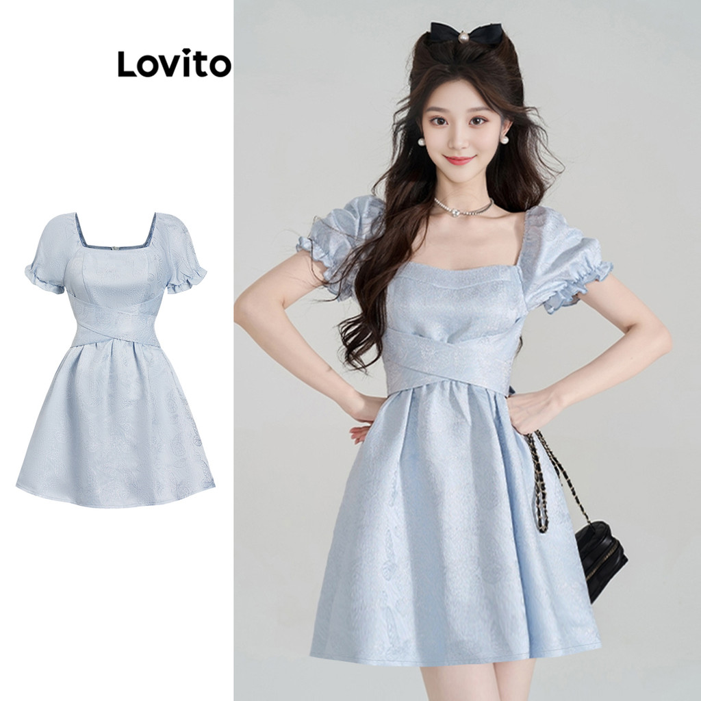 Lovito ชุดเดรส แจ็คการ์ด ผูกโบว์ผีเสื้อน่ารักสำหรับผู้หญิง L98AD116