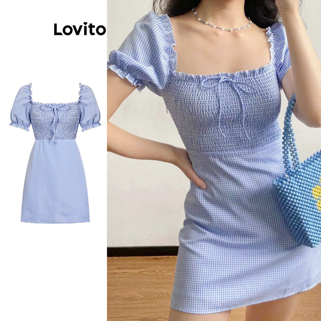 Lovito เดรสผู้หญิง ลายสก๊อต สม็อค แต่งโบว์ ผูกเชือก สไตล์ลำลอง L98AD220