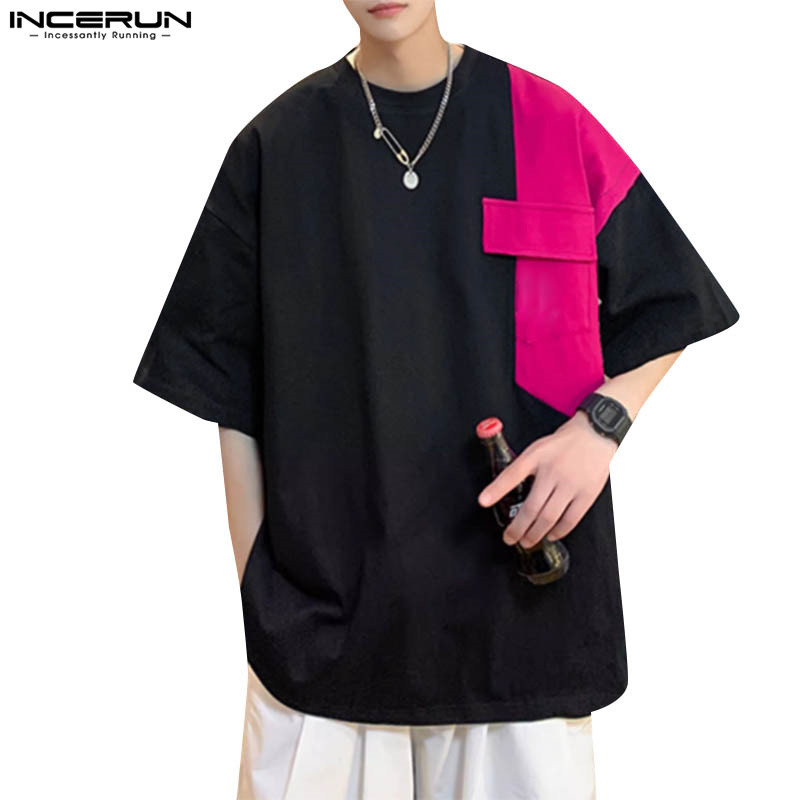 ไม่แน่นอน ผู้ชายแฟชั่นเกาหลีคอกลมแขนสั้นสีบล็อกเสื้อยืด