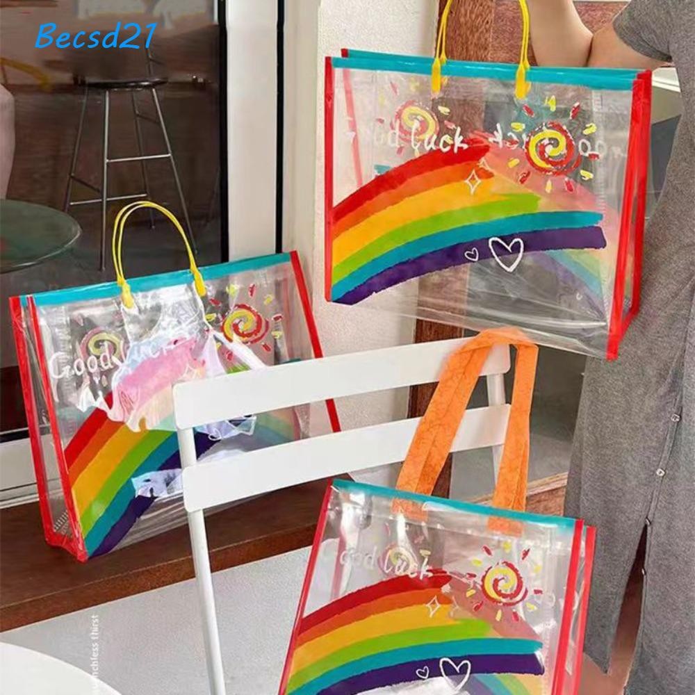 Becsd กระเป๋าสะพายสีรุ้ง, กระเป๋าถือความจุขนาดใหญ่กันน้ํา, กระเป๋าช้อปปิ้ง PVC ขายร้อน Lady