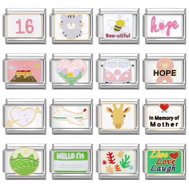 สีชมพูสีเขียวอิตาเลี่ยน Charm Links Fit 9 มม.สร้อยข้อมือสแตนเลส Diy เครื่องประดับทําอุปกรณ์เสริม Retro บุคลิกภาพโมดูลสร้อยข้อมืออุปกรณ์เสริม