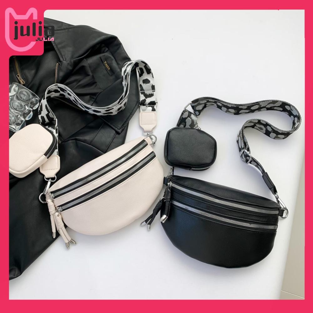 [Julia1.th] Women PU Chest Bag Casual Sling Purse with Small Pouch & Card Bag Simple Bum Bag