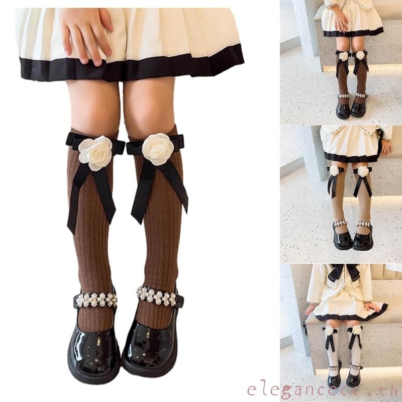 Elegan ถุงเท้าเข่าเด็กผู้หญิงสไตล์ญี่ปุ่น Elegant Camellia Bowknot ถุงเท้าผ้าฝ้าย