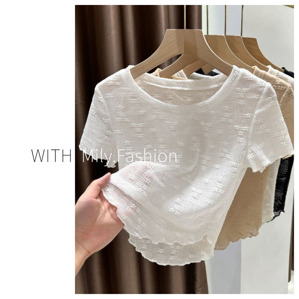 Milyfashion Pure Desire ลูกไม้แขนสั้น T ฤดูร้อน Slimmer ดูภายในบางโค้ง Hem สั้นชุดจับคู่