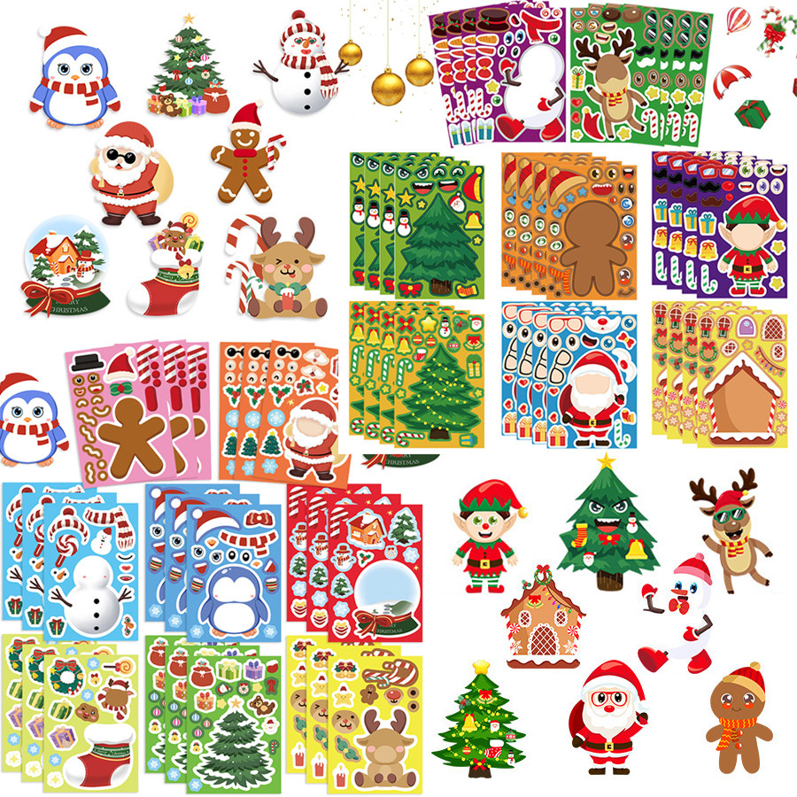 ตลก DIY สติกเกอร์คริสต์มาส Make A Santa Claus สาว Snowman ถุงเท้า Penguin Face ปริศนาสติกเกอร์ของขวัญคริสต์มาส
