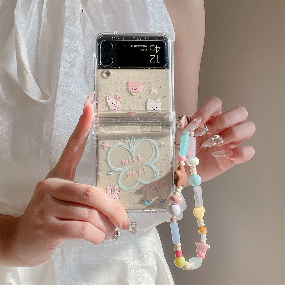 3 in 1 เคสโทรศัพท์ใสสําหรับ Samsung Galaxy Z Flip 6 5 4 3 สายสีฟ้าผีเสื้อฮาร์ดพีซีปกหลังพร้อมสร้อยข้อมือสําหรับ Flip3 Flip4 Flip5 Flip6 กันกระแทก