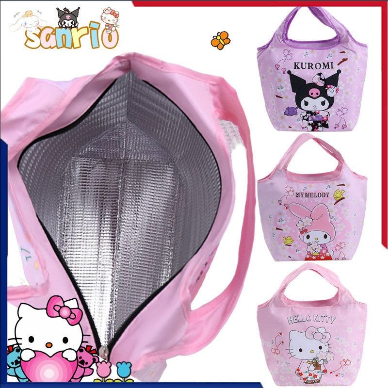 SANRIO กระเป๋าใส่ข้าวกลางวัน ซานริโอ สวัสดี คิตตี้ ทํานอง คุโรมิ นักเรียนการ์ตูนผ้าใบกล่องอาหารกลางวันกระเป๋าฉนวนกันความร้อนแช่เย็นกระ