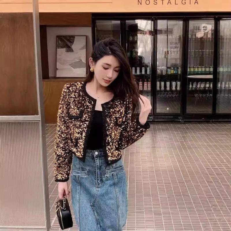 [M & A] miu Series 2024 Autumn Gold bling Sequined Tweed Short Jacket Ladies Sequined Large Size Cardigan Top XL