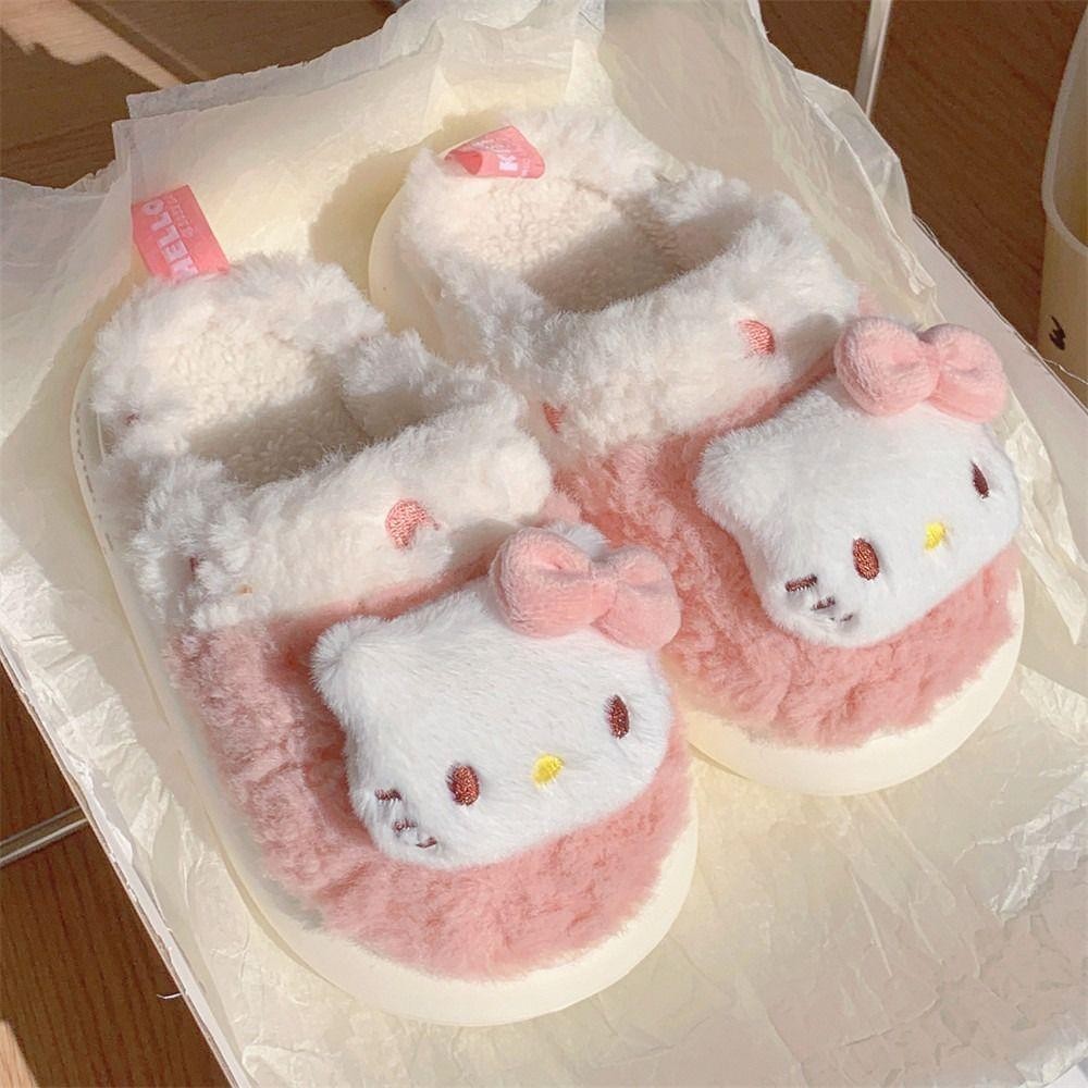 Trendyo รองเท้าแตะตุ๊กตาอะนิเมะ, รองเท้าแตะขนปุยฤดูหนาว Kuromi Kitty Cinnamoroll, น่ารักห้องนอนหอพักนักเรียนบ้านรองเท้าแตะรองเท้าหญิง