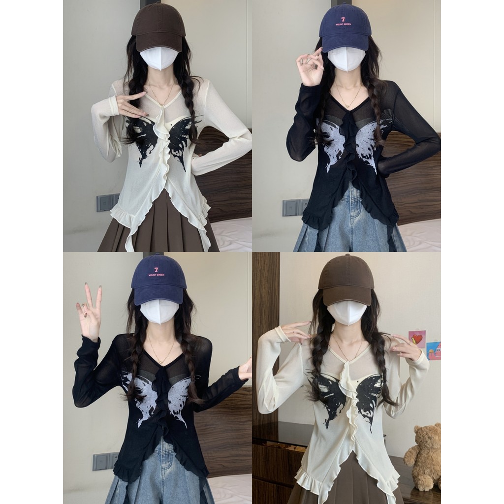 Anne เสื้อยืดผู้หญิง คอวี ไหมพรม ซีทรูเบาๆ ลายผีเสื้อ ปลายปล่อย เสื้อยืดแขนยาว สไตล์ลำลอง ใส่สบาย #11581