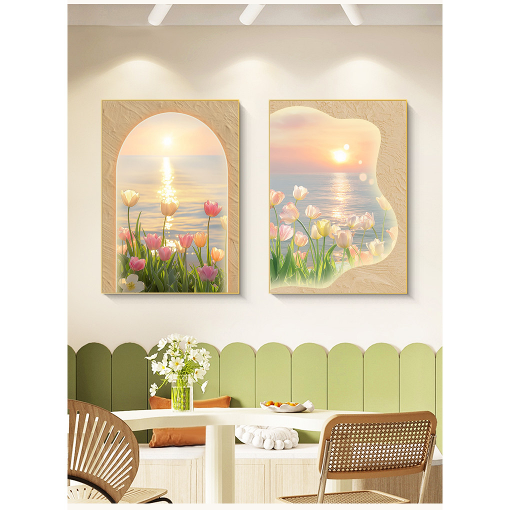 (พร้อมกรอบ) Nordic Sea View Sunrise Tulip Flower Sunshine ภาพวาดผ้าใบพิมพ์ภาพ