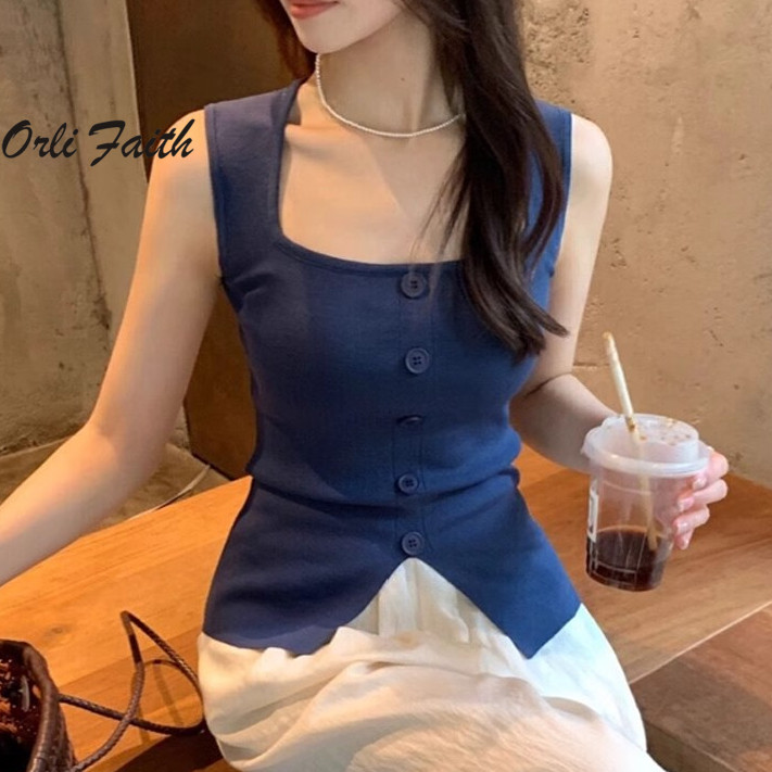 Orlifaith ผู้หญิงเสื้อกล้าม 2024 แฟชั่นสีทึบ U-คอ Buttoned เครื่องประดับ Slim Fit ถักเสื้อ