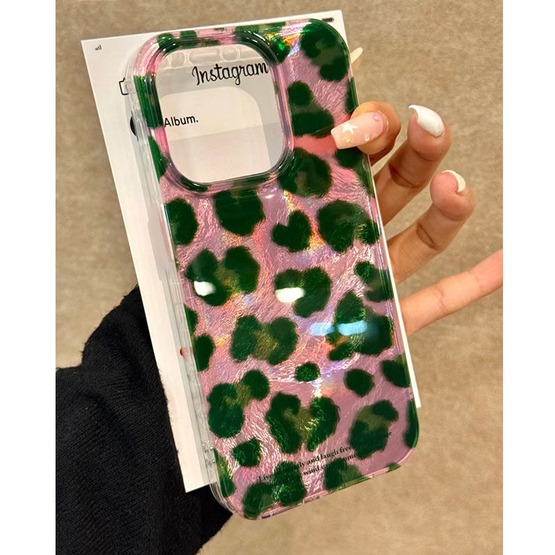 Ins ญี่ปุ่นเกาหลีสีชมพูสีเขียวเสือดาวพิมพ์จีบ iPhone16pro เคสโทรศัพท์ 11 Apple 13/14/15 หรูหราพรีเมี่ยม 12
