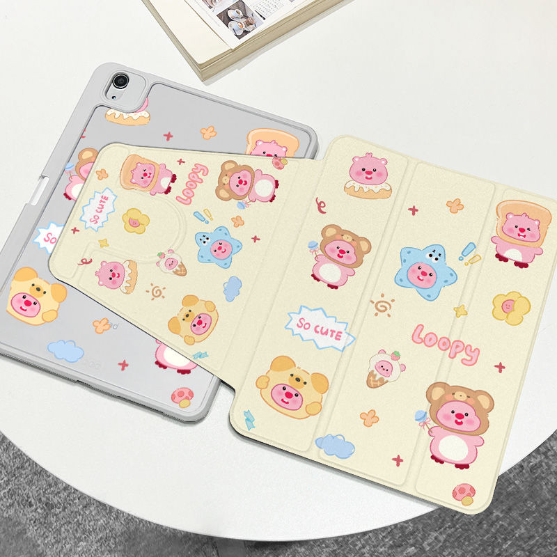 360 ° เคส iPad หมุนได้พร้อมช่องเสียบปากกาหมวกอาบน้ําหมีสตรอเบอร์รี่ Loopy อะคริลิค Backboard Pro11 Gen10 Gen9 Gen8 Gen7 10.2 นิ้ว Gen6 Gen5 Air6 Air5 Air4 Air3 ฝาครอบ iPad หมุนได้