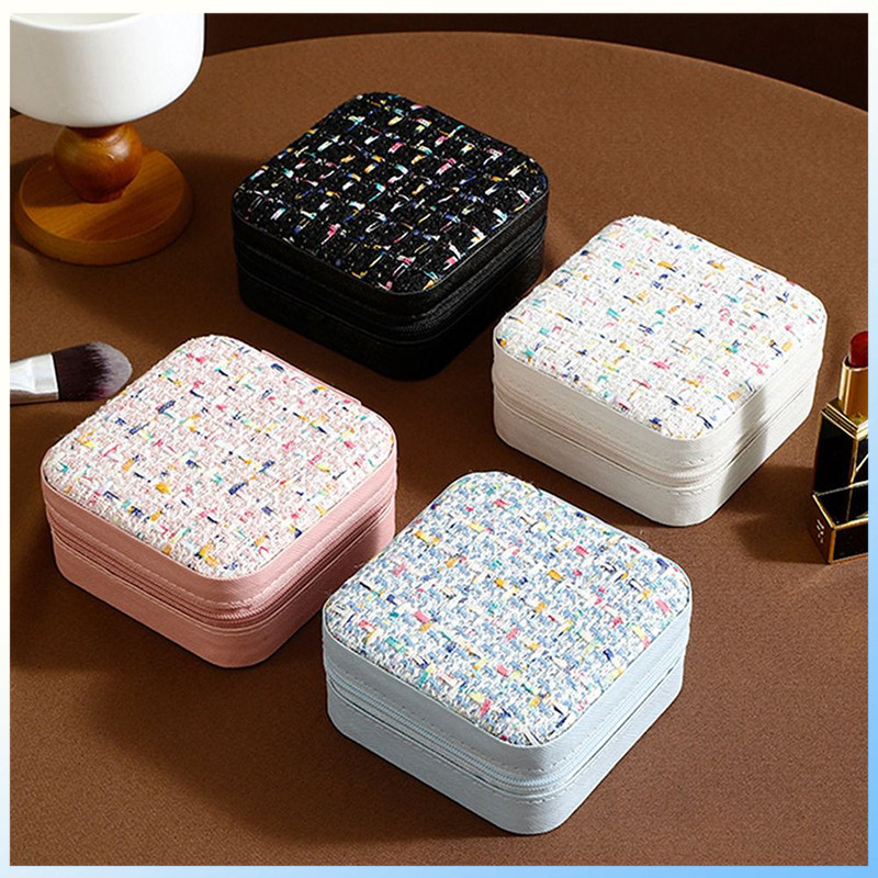 กล่องเครื่องประดับ หนัง PU ผ้ากำมะหยี่ มีซิป ขนาดเล็ก แบบพกพา