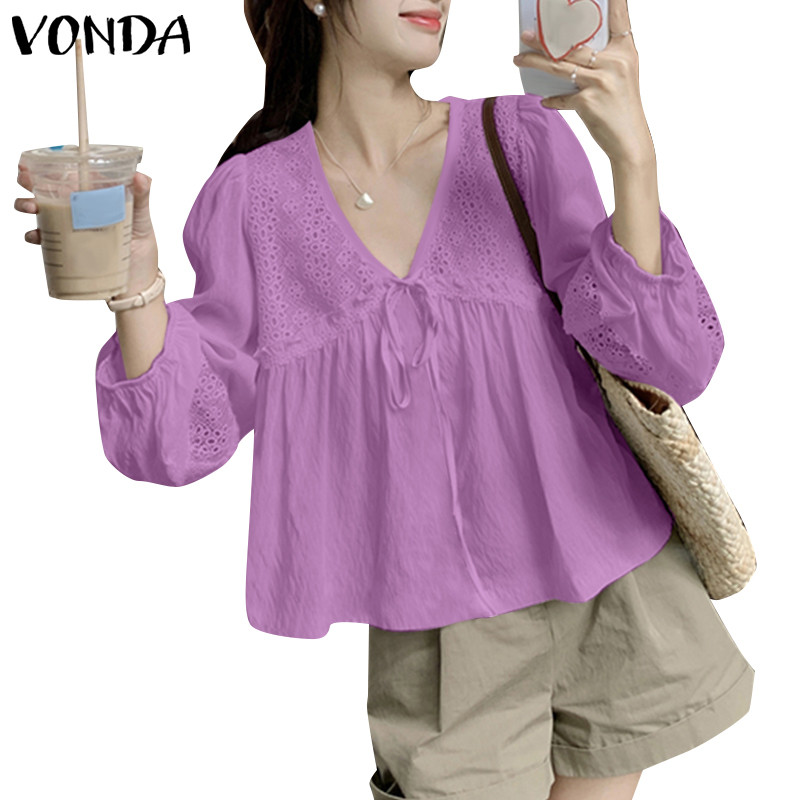 Vonda ผู้หญิงเกาหลีนัดหมายเสื้อแขนยาวคอวีสีทึบเสื้อ