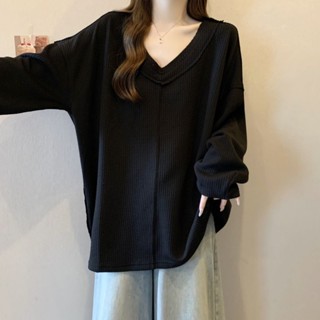 IELGY คอวีแขนยาวท็อปส์ผู้หญิงหลวม บาง เสื้อยืดผู้หญิง