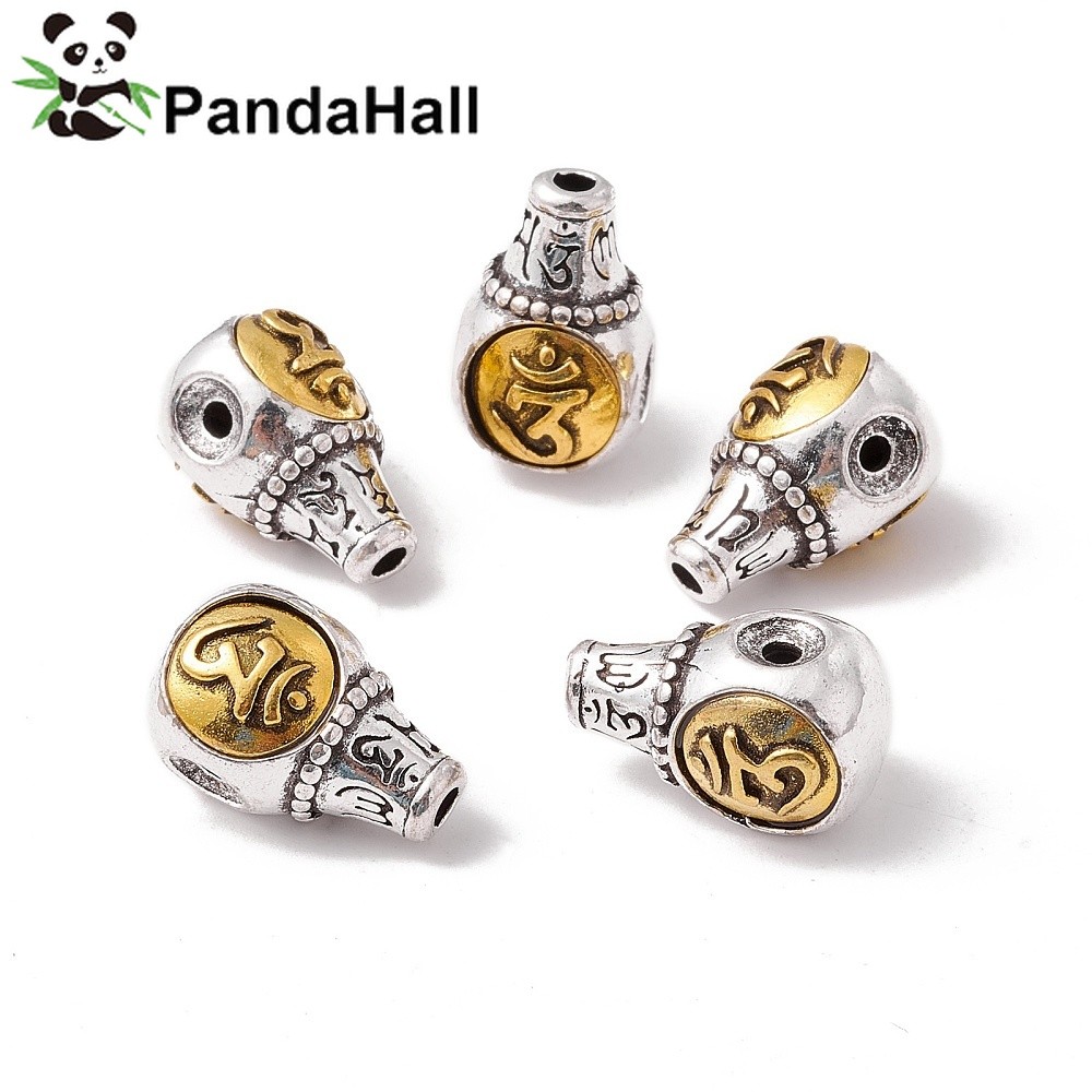 5 ชิ้น Chakra Rack ชุบสไตล์ทิเบตโลหะผสม 3 หลุม Guru ลูกปัด T-เจาะลูกปัดรอบ Ohm/Aum เงินโบราณและโบราณ Golden 17x10.5x11 มม.