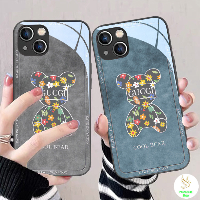 COD-ในไทย เคสแฟชั่น หมีอิฐ ดอกไม้เรียบง่าย สําหรับ iPhone 7 8 X 11 12 13 14 15 IMD ฝากระจกด้านหลังจะสะท้อนแสง Unisex