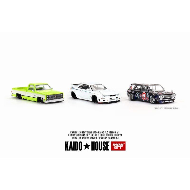 Kaido House + MINIGT 1/64 Nissan Skyline GT-R (R33) Greddy GR33 V1 Datsun KAIDO 510 Wagon Hanami V3 