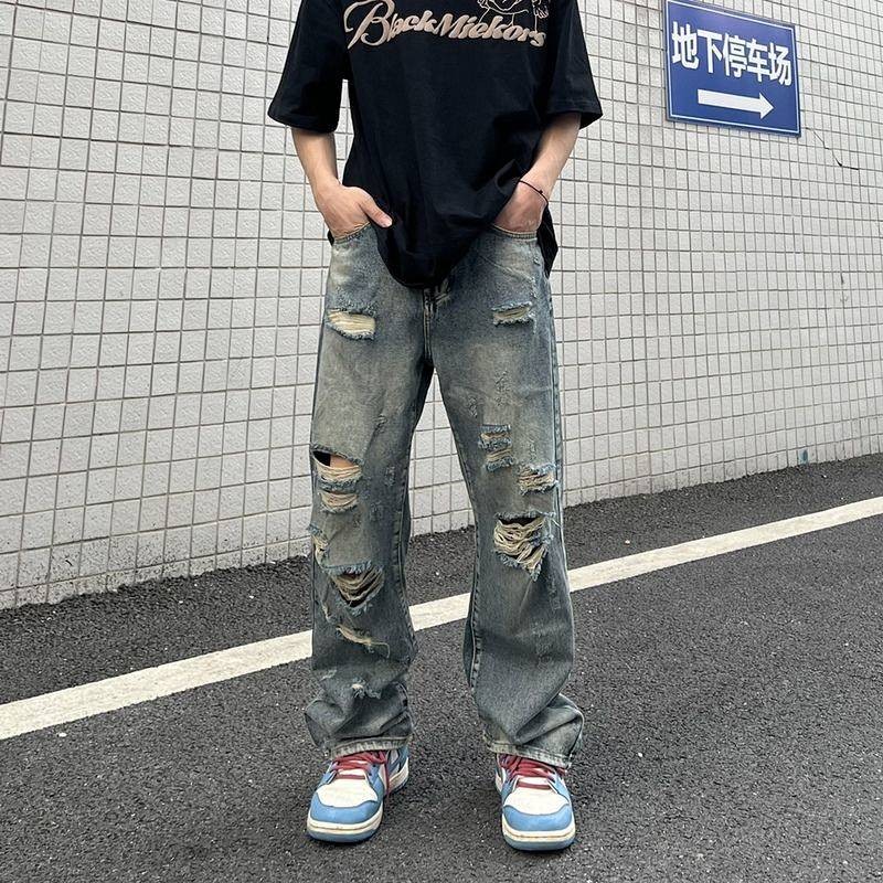 Men's Pants Summer Thin Ripped Jeans Men's Loose Straight All-Matching Trendy Wide Leg 2024 New Men's Pants UF3e