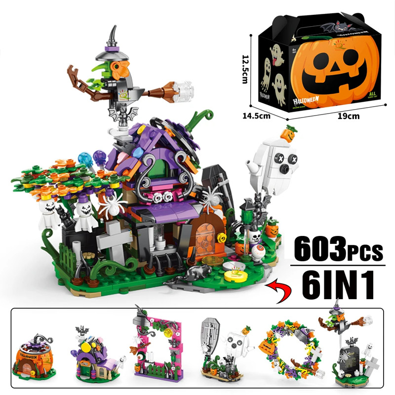 Creative Halloween Ghost House Ghost Train เดสก์ท็อปบรรยากาศตกแต่งบล็อกตัวต่ออิฐของเล่นสําหรับเด็กเด