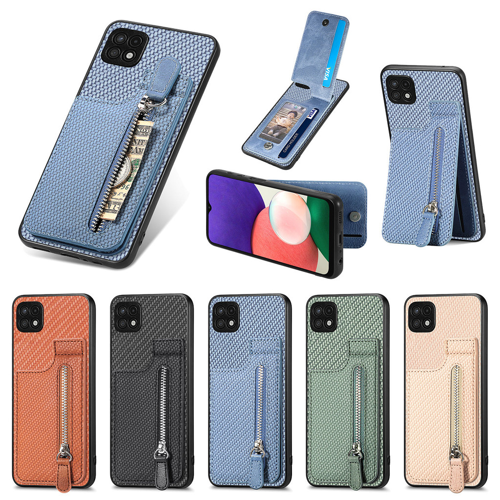 Samsung A53 A33 A73 A52 A72 A12 A32 A51 A71 A31 A50 A70 A02 M15 M53 M62 F62 M33 4G 5G คาร์บอนไฟเบอร์กรณีผู้ถือบัตรกระเป๋าซิป Kickstand ฝาครอบคลิป
