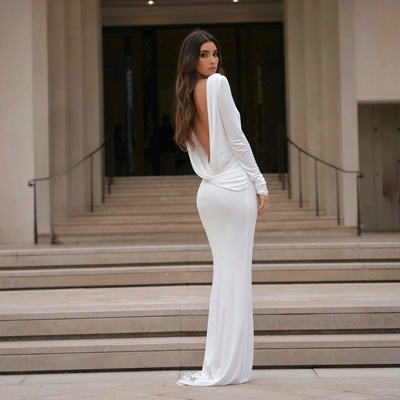Kliou Casual Maxi Dresses Skinny แขนยาวห่อก้น Backless อเนกประสงค์ดูทินเนอร์ Club Party บรรยากาศสไตล์ 2024 Hot New
