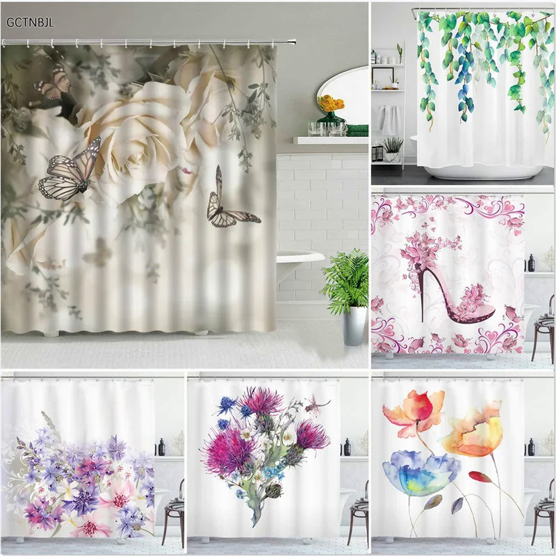 Rose Butterfly White Flower Shower Curtain Floral Print Waterproof Polyester Bathroom Curtain Fabric