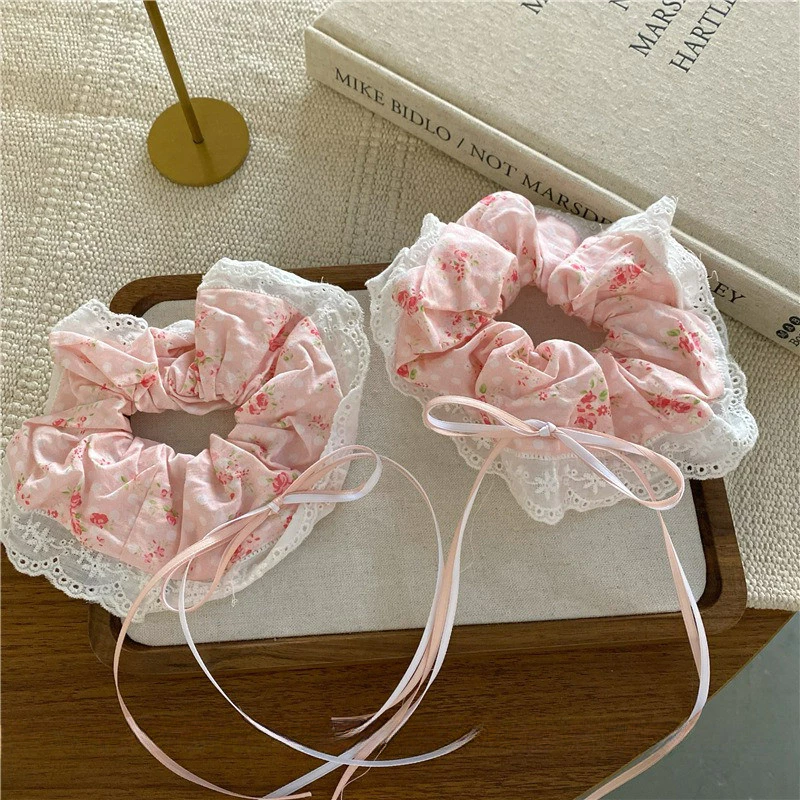 แฟชั่นเกาหลีสีชมพูดอกไม้เชือกผมหางม้า Scrunchies ผูกผมเครื่องประดับผม