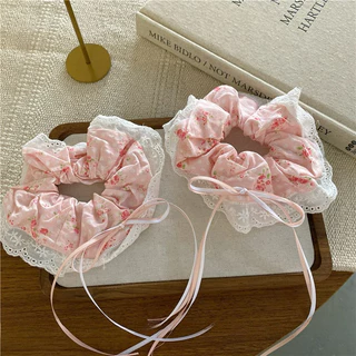 แฟชั่นเกาหลีสีชมพูดอกไม้เชือกผมหางม้า Scrunchies ผูกผมเครื่องประดับผม