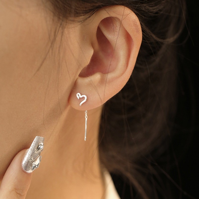 Roselife S925 Silver Chain Heart Dangle ต่างหูสําหรับผู้หญิงสาว Drop ยาวหูเครื่องประดับอุปกรณ์เสริม - รูปที่ 2