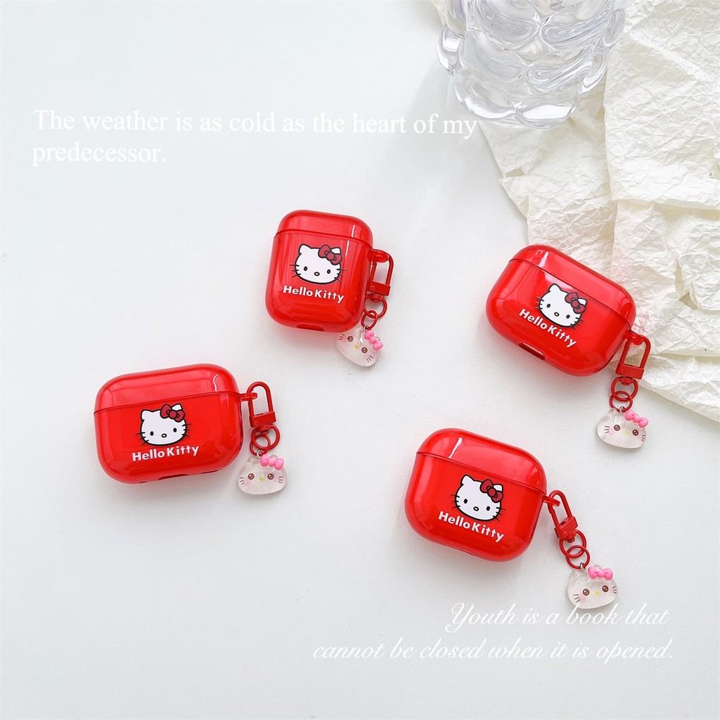 Hello Kitty Cat สีแดงโปร่งใส Soft TPU ปลอกสําหรับ AIRPODS PRO 1/2/3/4 เคสป้องกันหูฟังไร้สายบลูทูธฝาครอบป้องกันกันกระแทกเกราะป้องกัน