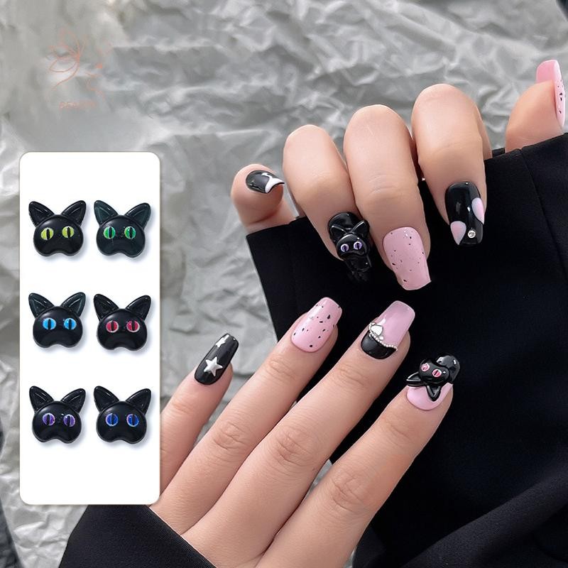 [maybeauty] 10 ชิ้นการ์ตูน Big Eye Cat ตกแต่งเล็บเรซิ่น Little Black Cat Nail Ch สําหรับทําการออกแบบเล็บ DIY {TH}