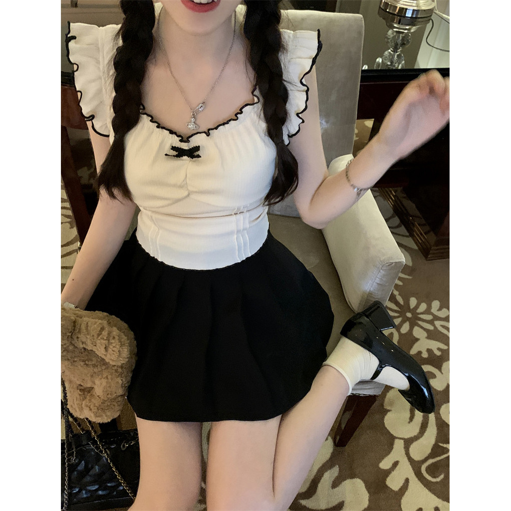 💖Anne💖เสื้อยืดแขนสั้น คอกลม แขนสั้น ขอบหยัก แต่งโบว์💕เสื้อครอป สไตล์เกาหลี แฟชั่น น่ารัก💞#M2530