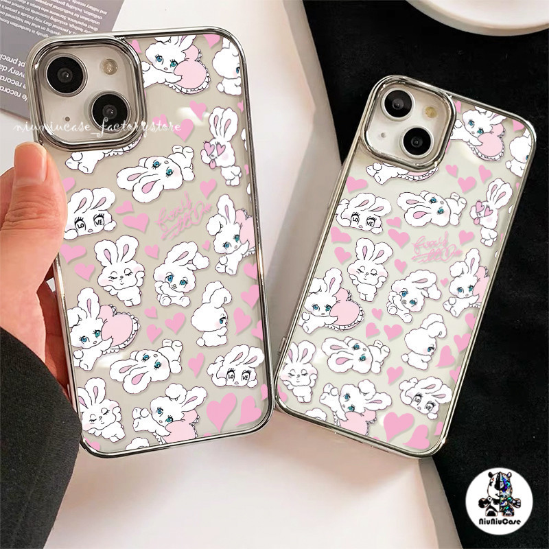 เคสไอโฟน11 16 กระต่ายน่ารัก อินเทรนด์หรูหราชุบเลนส์กรอบสําหรับ For iPhone 11 16 12 13 14 15 Pro X 7Plus XR XS Max SE เคส