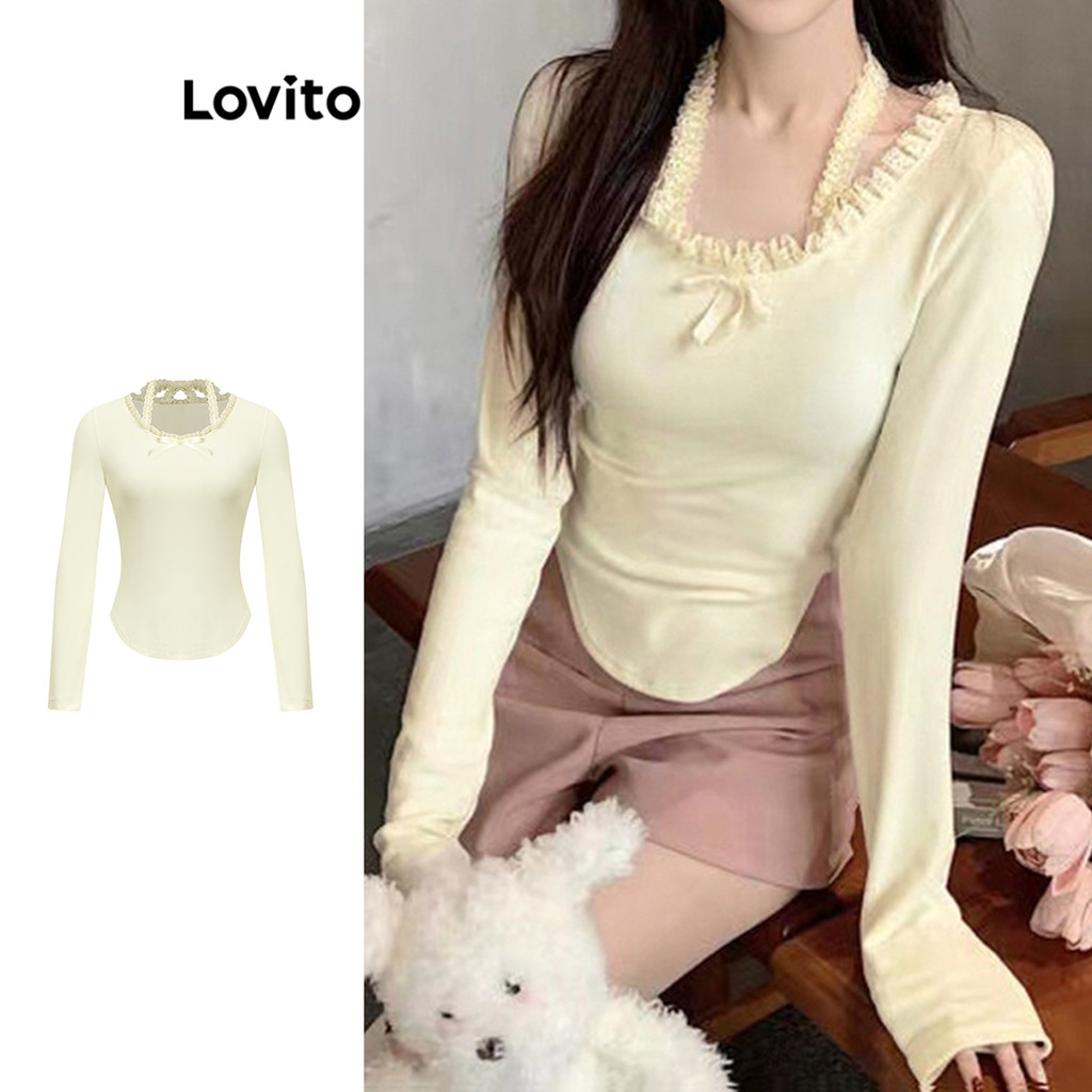 Lovito เสื้อยืดลูกไม้ธรรมดาสบาย ๆ โบว์ธรรมดาลูกไม้ ระบายคอ 2In1 เสื้อยืดสำหรับผู้หญิง L102AD131