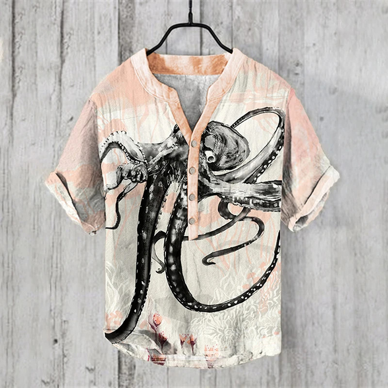 เสื้อเชิ้ตผู้ชาย เฮนรี่ - เสื้อยืดเสื้อผ้าพิมพ์ปลาหมึก รูปที่ 2