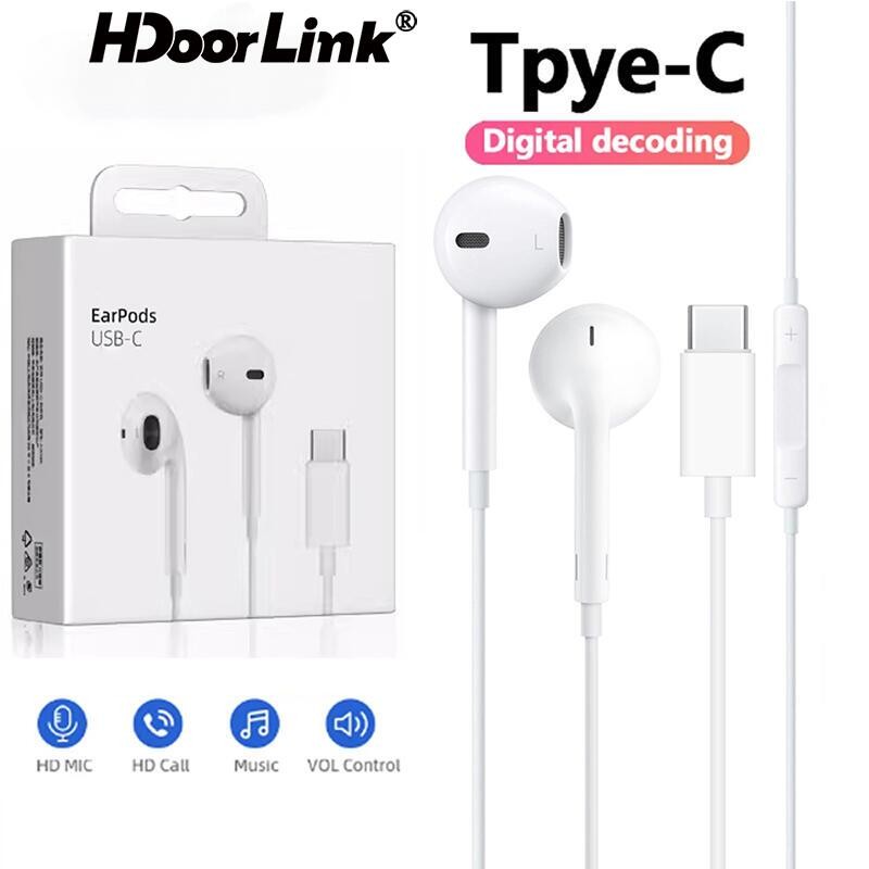Hdoorlink Type C หูฟังแบบมีสายสําหรับ IOS 16 15 Pro Max In-Ear พร้อมไมโครโฟนสําหรับ Xiaomi Huawei USB C เพลง Earpbuds