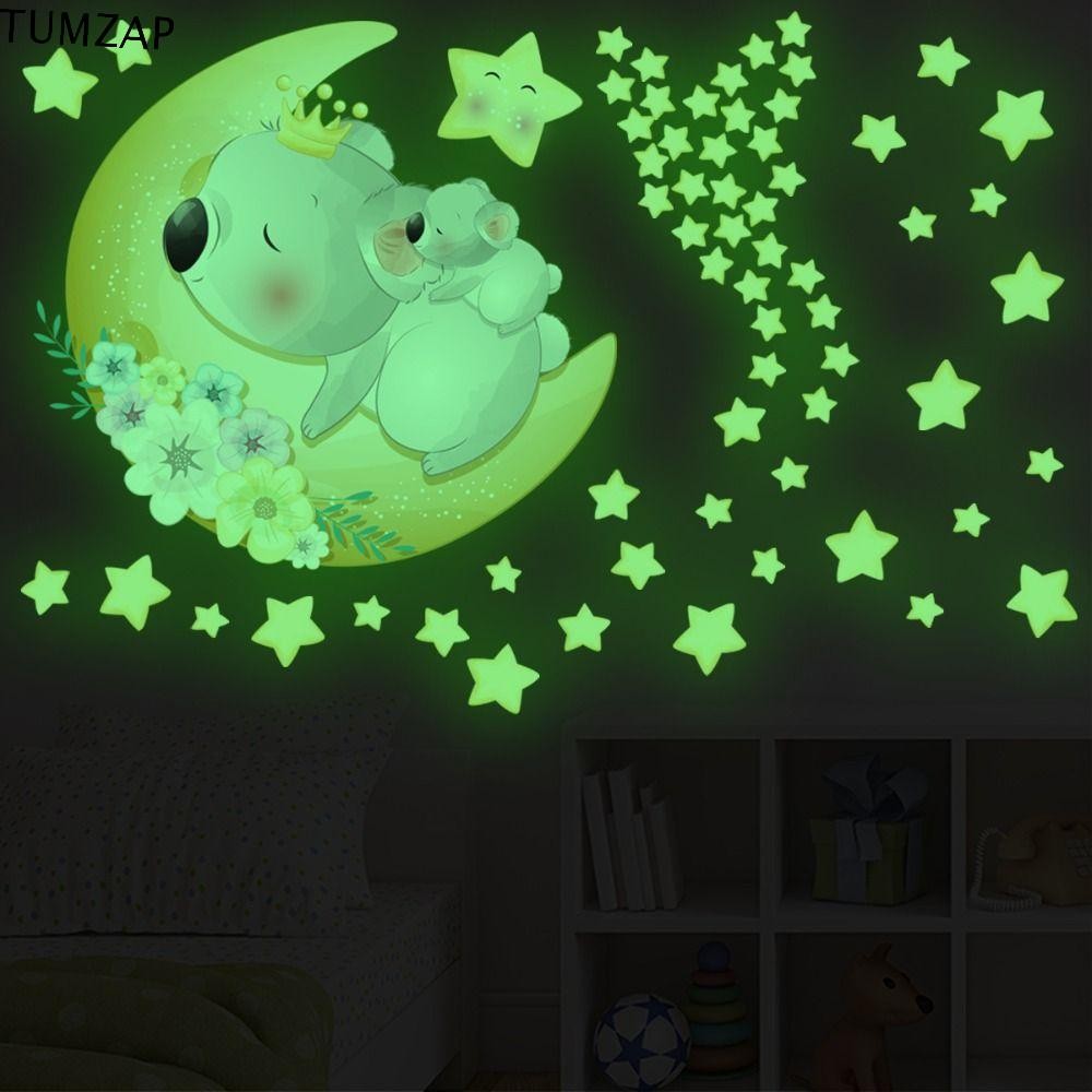 Tumzap Nightlight Star Decal ใน Dark เป็นมิตรกับสิ่งแวดล้อมแฟชั่นสติกเกอร์เรืองแสงศิลปะภาพจิตรกรรมฝาผนังเด็กตกแต่งห้องพื้นหลังผนังห้องนอนเพดานหมี DIY ช้างวอลล์เปเปอร์