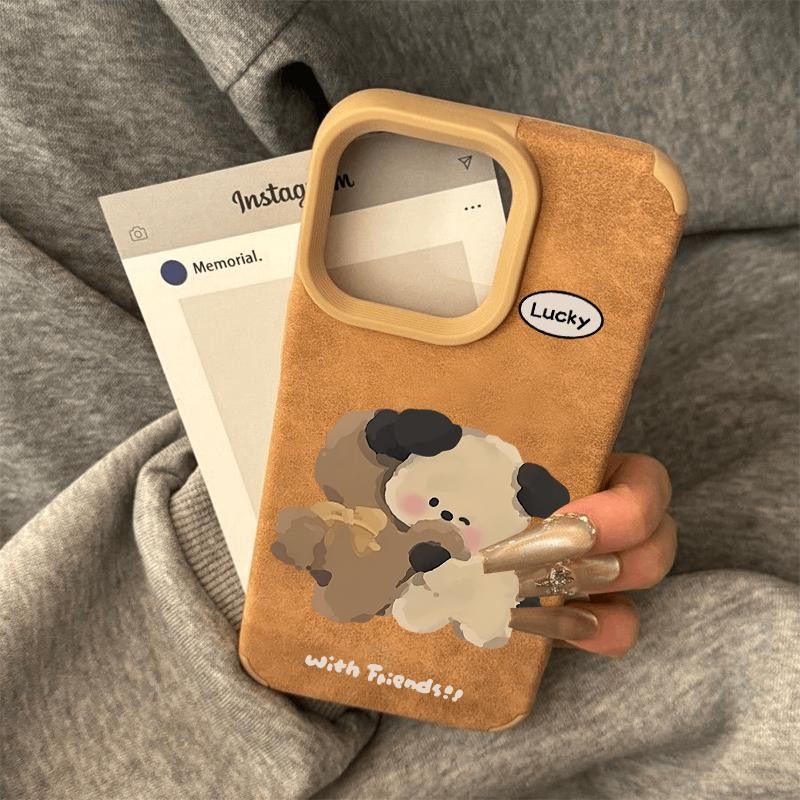 Ins Hug Puppy รูปแบบหนังสีน้ําตาลสี่มุม Anti-Fall เคสโทรศัพท์สําหรับ iPhone 16 Promax 15 Promax 12 13 14plus 11 Pro Max X XS XR XS Max