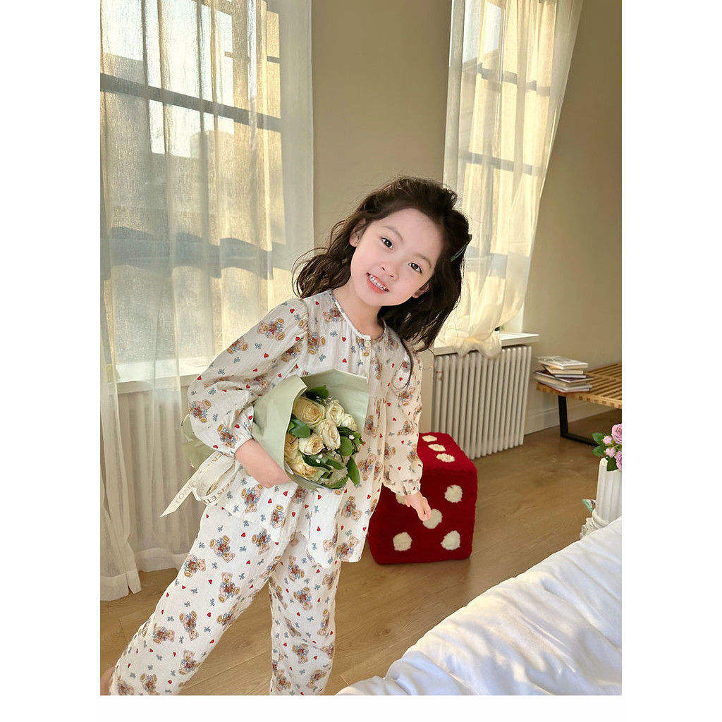 สาวแขนยาวชุดนอนชุดฤดูใบไม้ผลิฤดูใบไม้ร่วงแฟชั่นสไตล์ใหม่เวอร์ชั่นเกาหลีผ้าฝ้ายแท้นุ่มสบายระบายอากาศการ์ตูนหมีพิมพ์ ชุดลําลอง สอง-